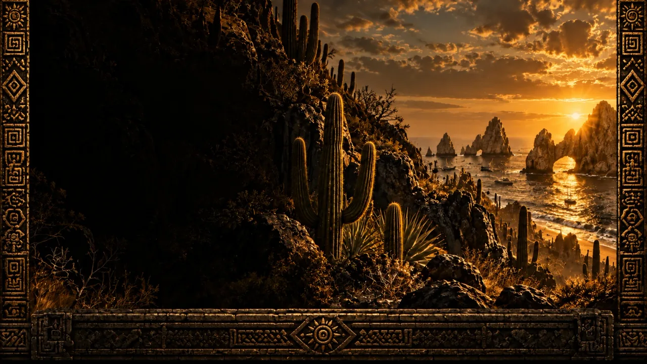 El Arco at Land's End in Cabo San Lucas at sunset, with desert cactus on the cliffs above the beach
